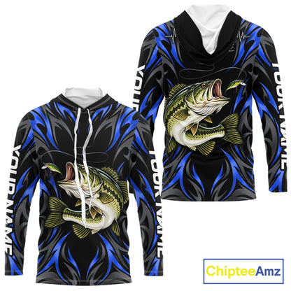 Blue Neon Bass Fish Hooded Fishing Shirt Custom Outdoor Sports Angler Long Sleeve Performance Jersey NHT1739