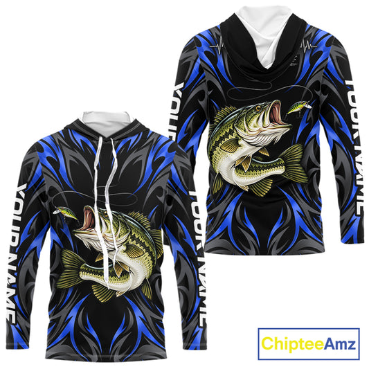 Blue Neon Bass Fish Hooded Fishing Shirt Custom Outdoor Sports Angler Long Sleeve Performance Jersey NHT1739