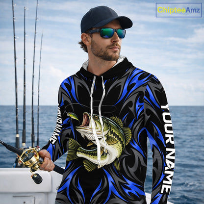 Blue Neon Bass Fish Hooded Fishing Shirt Custom Outdoor Sports Angler Long Sleeve Performance Jersey NHT1739