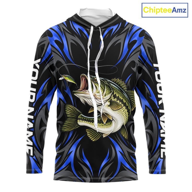 Blue Neon Bass Fish Hooded Fishing Shirt Custom Outdoor Sports Angler Long Sleeve Performance Jersey NHT1739