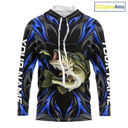 Blue Neon Bass Fish Hooded Fishing Shirt Custom Outdoor Sports Angler Long Sleeve Performance Jersey NHT1739