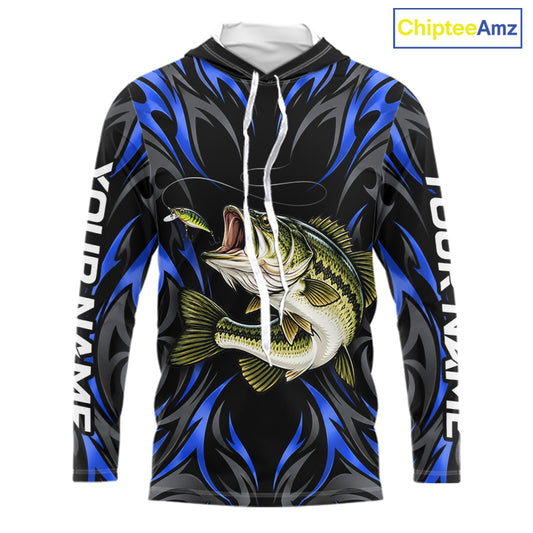 Blue Neon Bass Fish Hooded Fishing Shirt Custom Outdoor Sports Angler Long Sleeve Performance Jersey NHT1739