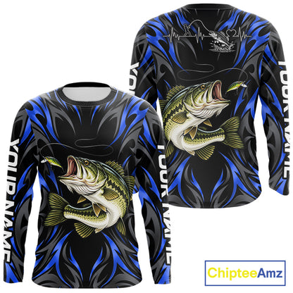 Blue Neon Bass Fish Fishing Shirt Custom Outdoor Sports Angler Long Sleeve Performance Jersey NHT1739
