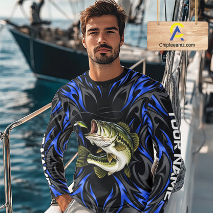 Blue Neon Bass Fish Fishing Shirt Custom Outdoor Sports Angler Long Sleeve Performance Jersey NHT1739