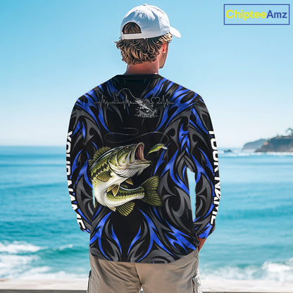 Blue Neon Bass Fish Fishing Shirt Custom Outdoor Sports Angler Long Sleeve Performance Jersey NHT1739