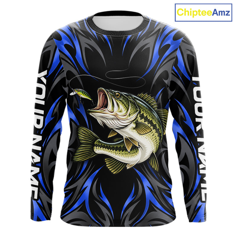 Blue Neon Bass Fish Fishing Shirt Custom Outdoor Sports Angler Long Sleeve Performance Jersey NHT1739