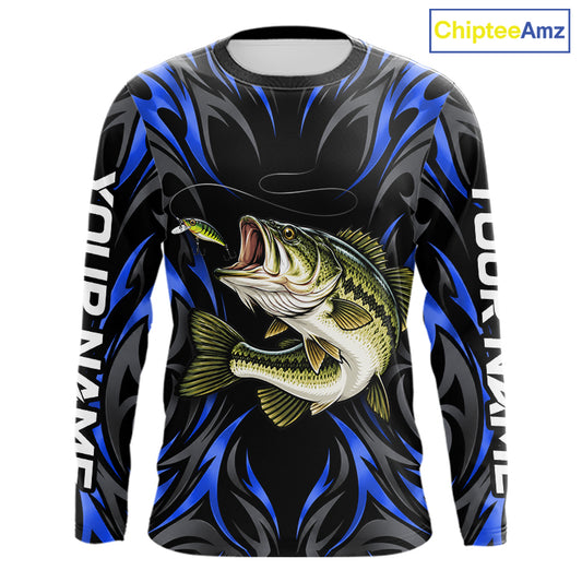 Blue Neon Bass Fish Fishing Shirt Custom Outdoor Sports Angler Long Sleeve Performance Jersey NHT1739
