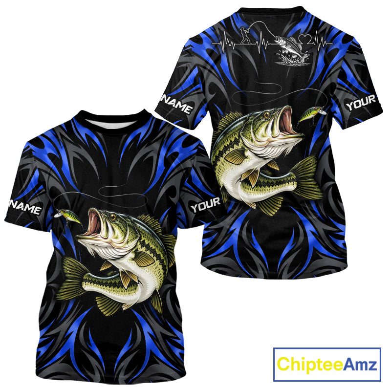 Blue Neon Bass Fish Fishing Shirt Custom Outdoor Sports Angler Short Sleeve Performance Jersey NHT1739