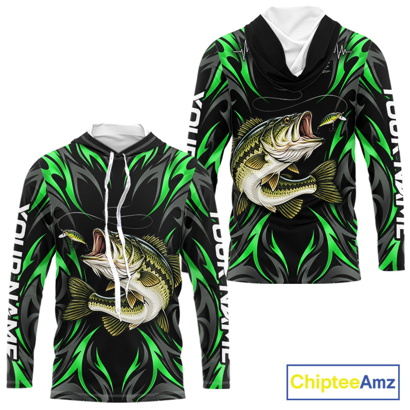 Green Neon Bass Fish Hooded Fishing Shirt Custom Outdoor Sports Angler Long Sleeve Performance Jersey NHT1740