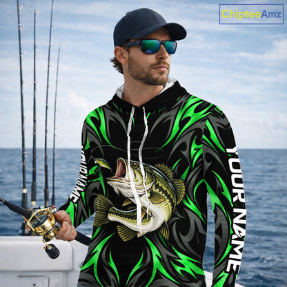 Green Neon Bass Fish Hooded Fishing Shirt Custom Outdoor Sports Angler Long Sleeve Performance Jersey NHT1740