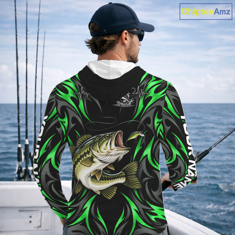 Green Neon Bass Fish Hooded Fishing Shirt Custom Outdoor Sports Angler Long Sleeve Performance Jersey NHT1740