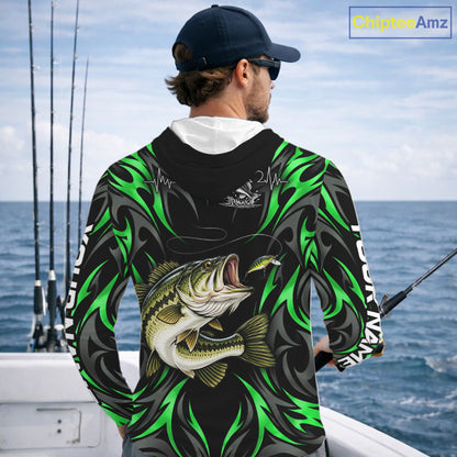 Green Neon Bass Fish Hooded Fishing Shirt Custom Outdoor Sports Angler Long Sleeve Performance Jersey NHT1740