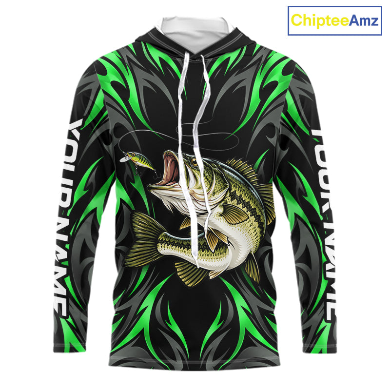 Green Neon Bass Fish Hooded Fishing Shirt Custom Outdoor Sports Angler Long Sleeve Performance Jersey NHT1740