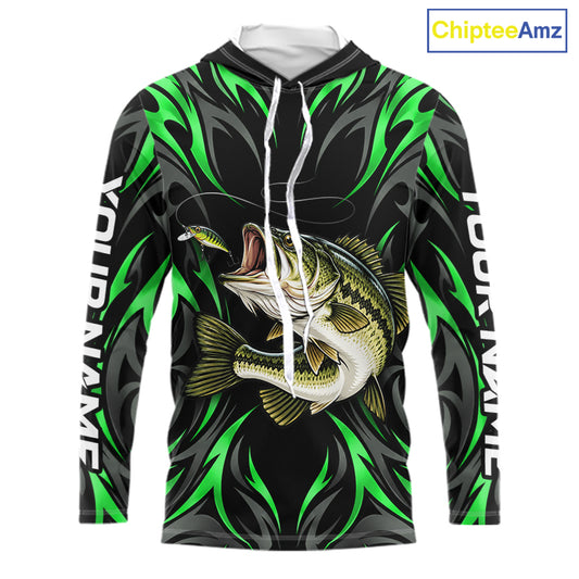 Green Neon Bass Fish Hooded Fishing Shirt Custom Outdoor Sports Angler Long Sleeve Performance Jersey NHT1740