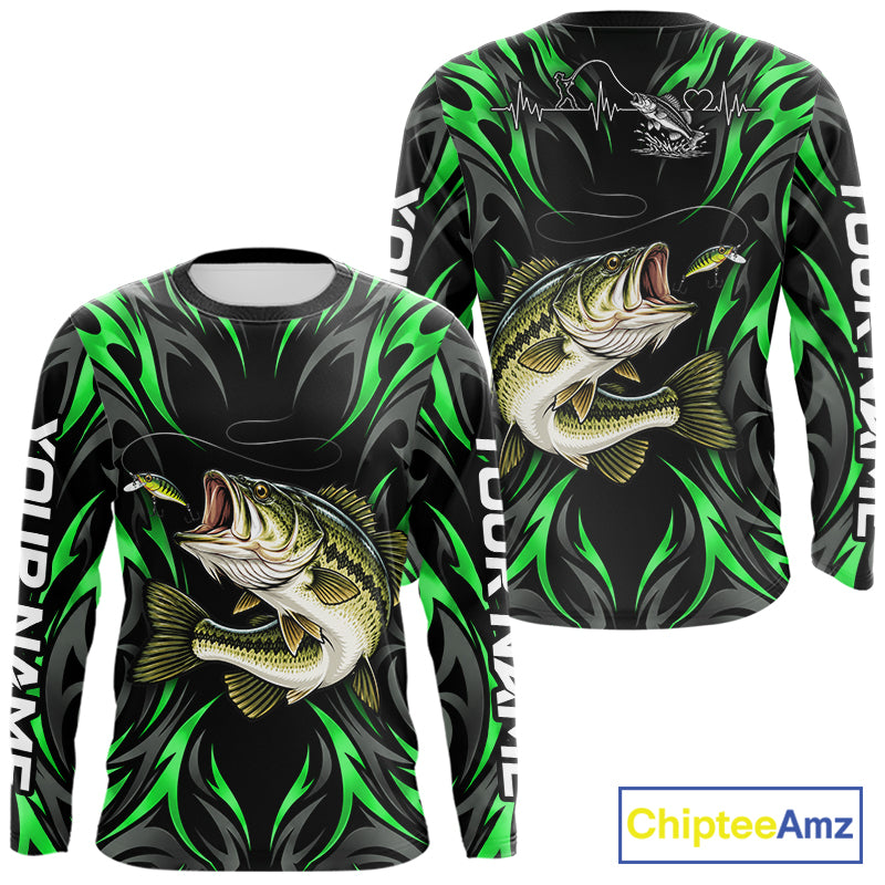 Green Neon Bass Fish Fishing Shirt Custom Outdoor Sports Angler Long Sleeve Performance Jersey NHT1740