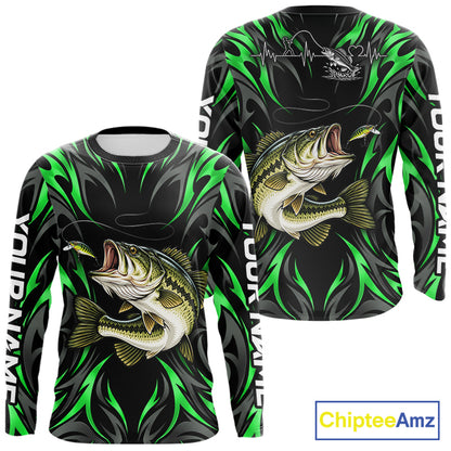 Green Neon Bass Fish Fishing Shirt Custom Outdoor Sports Angler Long Sleeve Performance Jersey NHT1740