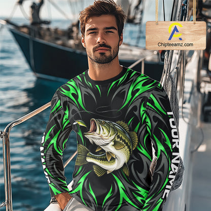 Green Neon Bass Fish Fishing Shirt Custom Outdoor Sports Angler Long Sleeve Performance Jersey NHT1740
