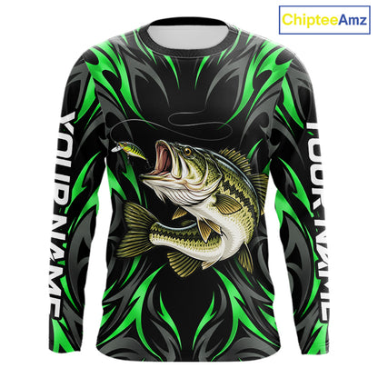 Green Neon Bass Fish Fishing Shirt Custom Outdoor Sports Angler Long Sleeve Performance Jersey NHT1740