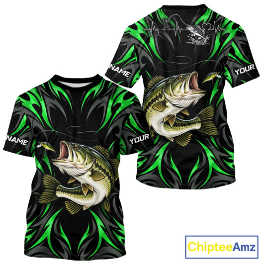 Green Neon Bass Fish Fishing Shirt Custom Outdoor Sports Angler Short Sleeve Performance Jersey NHT1740