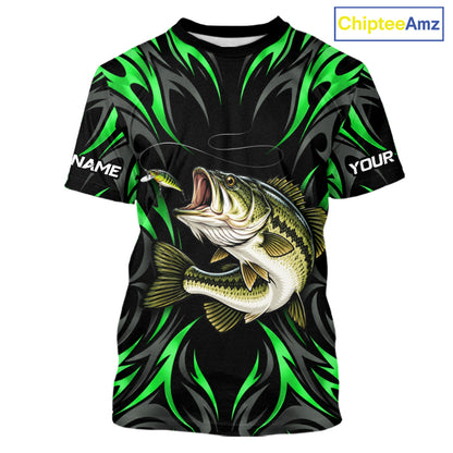 Green Neon Bass Fish Fishing Shirt Custom Outdoor Sports Angler Short Sleeve Performance Jersey NHT1740