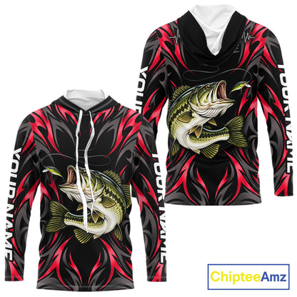 Red Neon Bass Fish Hooded Fishing Shirt Custom Outdoor Sports Angler Long Sleeve Performance Jersey NHT1741