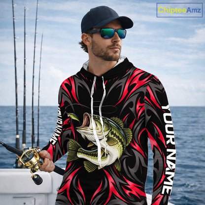 Red Neon Bass Fish Hooded Fishing Shirt Custom Outdoor Sports Angler Long Sleeve Performance Jersey NHT1741