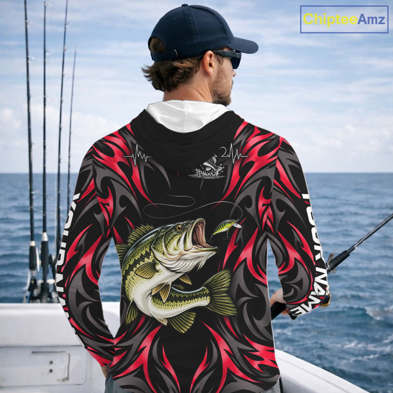 Red Neon Bass Fish Hooded Fishing Shirt Custom Outdoor Sports Angler Long Sleeve Performance Jersey NHT1741