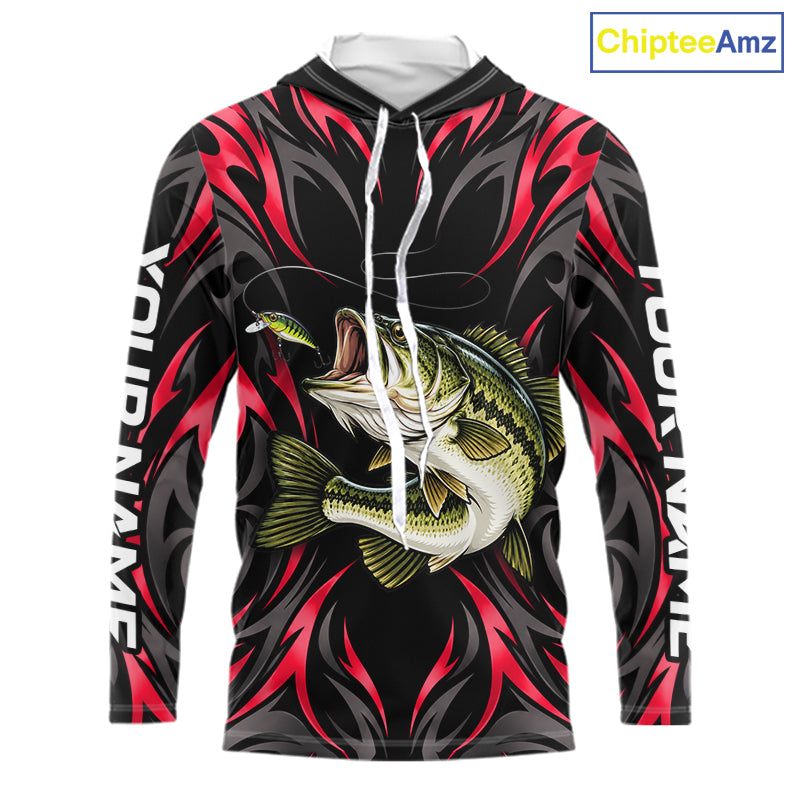 Red Neon Bass Fish Hooded Fishing Shirt Custom Outdoor Sports Angler Long Sleeve Performance Jersey NHT1741