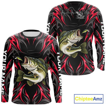 Red Neon Bass Fish Fishing Shirt Custom Outdoor Sports Angler Long Sleeve Performance Jersey NHT1741