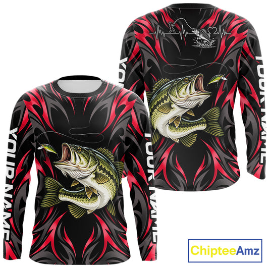 Red Neon Bass Fish Fishing Shirt Custom Outdoor Sports Angler Long Sleeve Performance Jersey NHT1741
