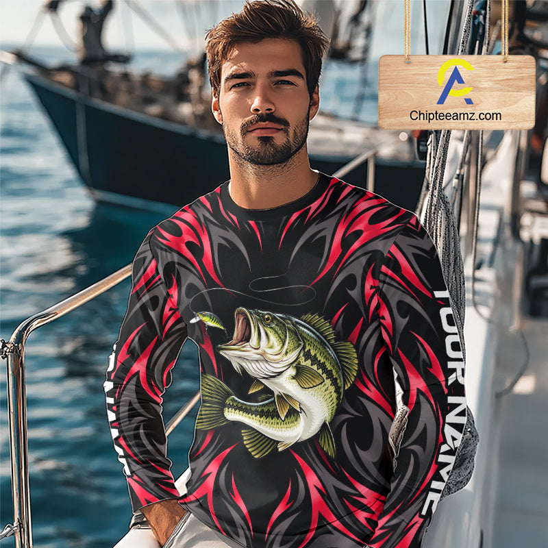 Red Neon Bass Fish Fishing Shirt Custom Outdoor Sports Angler Long Sleeve Performance Jersey NHT1741