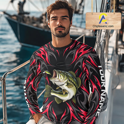 Red Neon Bass Fish Fishing Shirt Custom Outdoor Sports Angler Long Sleeve Performance Jersey NHT1741