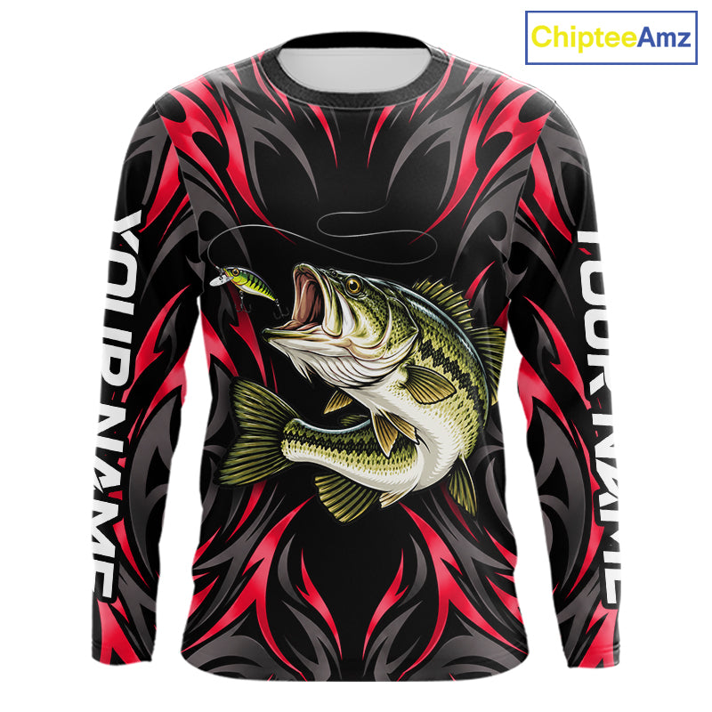Red Neon Bass Fish Fishing Shirt Custom Outdoor Sports Angler Long Sleeve Performance Jersey NHT1741