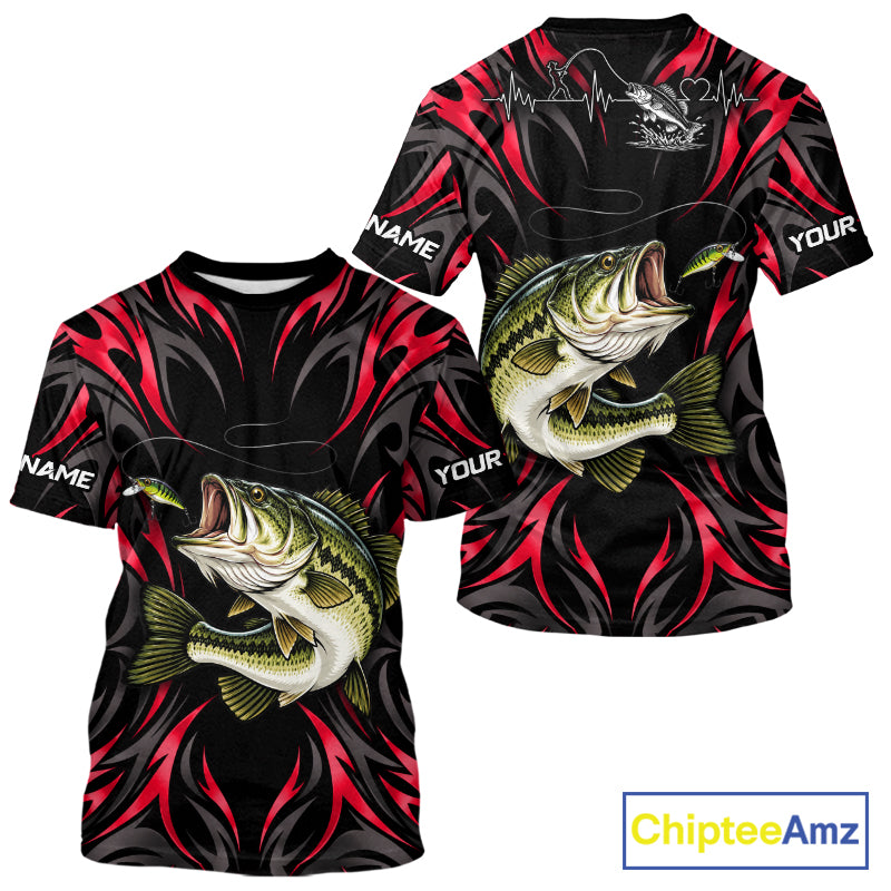 Red Neon Bass Fish Fishing Shirt Custom Outdoor Sports Angler Short Sleeve Performance Jersey NHT1741