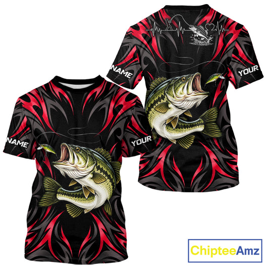 Red Neon Bass Fish Fishing Shirt Custom Outdoor Sports Angler Short Sleeve Performance Jersey NHT1741