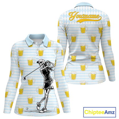 Funny Skull Golf Polo Shirts Beer Blue Argyle Pattern Custom Name Skull Playing Golf Apparel NBT629