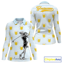 Load image into Gallery viewer, Funny Skull Golf Polo Shirts Beer Blue Argyle Pattern Custom Name Skull Playing Golf Apparel NBT629