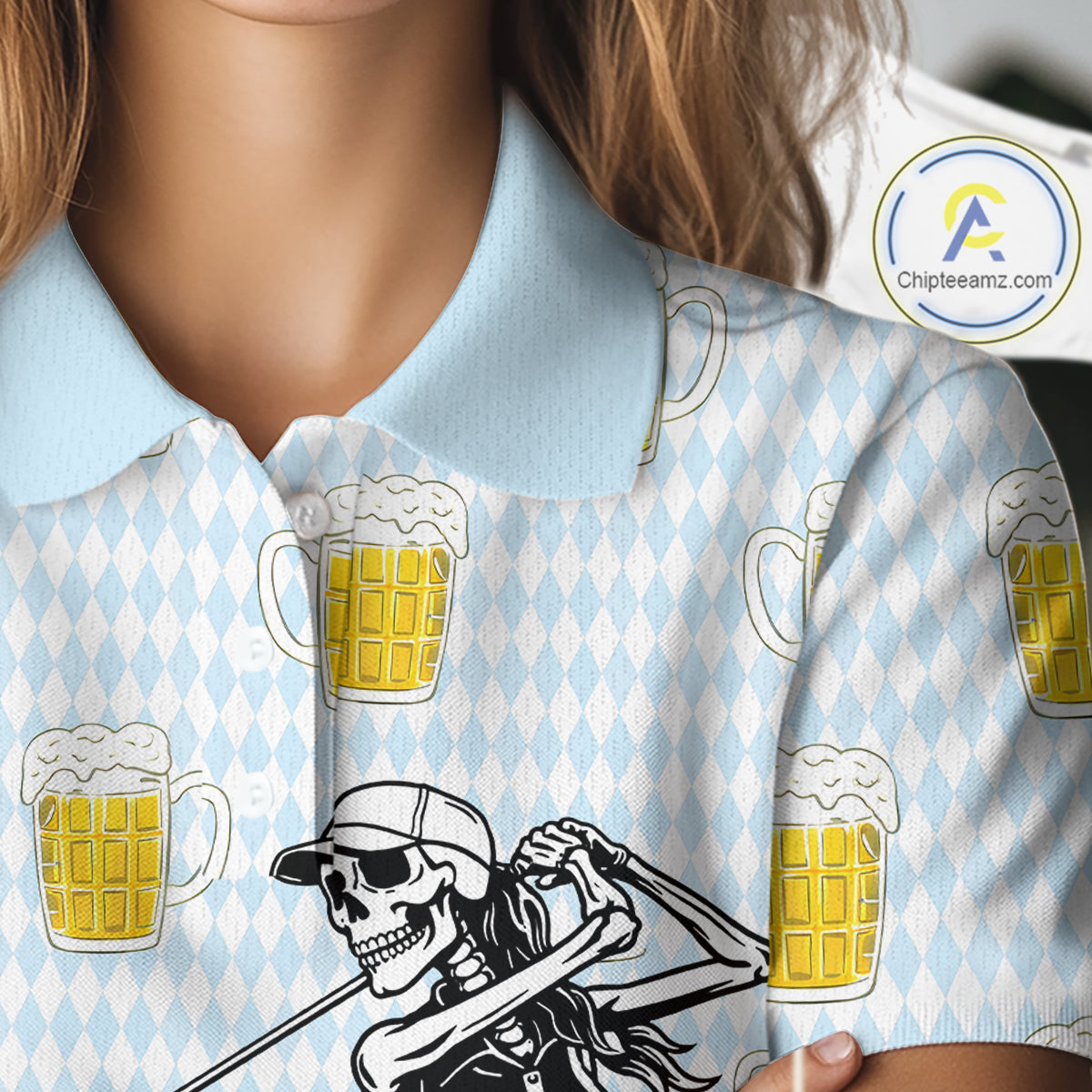 Funny Skull Golf Polo Shirts Beer Blue Argyle Pattern Custom Name Skull Playing Golf Apparel NBT629