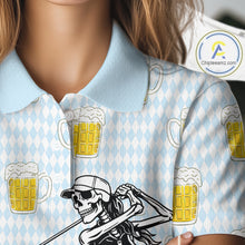 Load image into Gallery viewer, Funny Skull Golf Polo Shirts Beer Blue Argyle Pattern Custom Name Skull Playing Golf Apparel NBT629