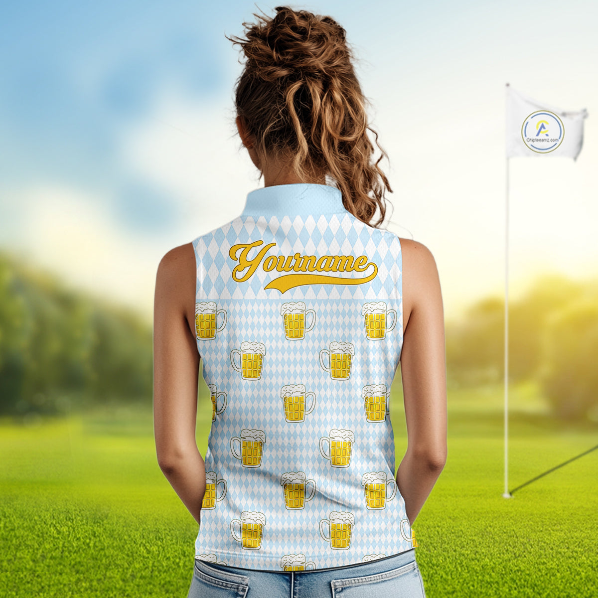 Funny Skull Womens Sleeveless Golf Polo Shirts Beer Blue Argyle Pattern Custom Name Skull Playing Golf Apparel NBT629