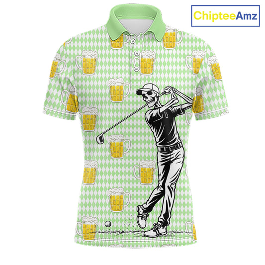 Funny Skull Golf Polo Shirts Beer Green Argyle Pattern Custom Name Skull Playing Golf Apparel NBT630