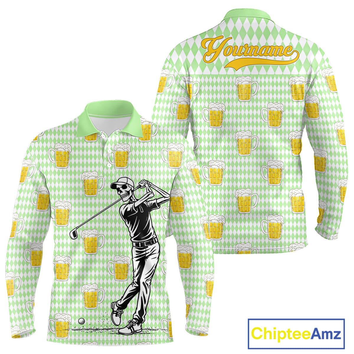 Funny Skull Golf Polo Shirts Beer Green Argyle Pattern Custom Name Skull Playing Golf Apparel NBT630