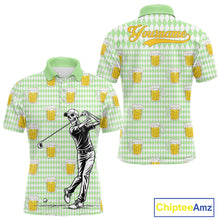 Load image into Gallery viewer, Funny Skull Golf Polo Shirts Beer Green Argyle Pattern Custom Name Skull Playing Golf Apparel NBT630