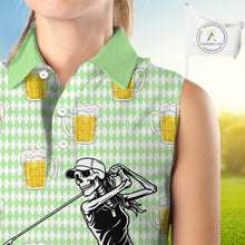 Load image into Gallery viewer, Funny Skull Womens Sleeveless Golf Polo Shirts Beer Green Argyle Pattern Custom Name Skull Playing Golf Apparel NBT630