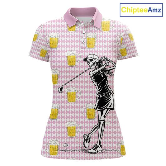 Funny Skull Golf Polo Shirts Beer Pink Argyle Pattern Custom Name Skull Playing Golf Apparel NBT631
