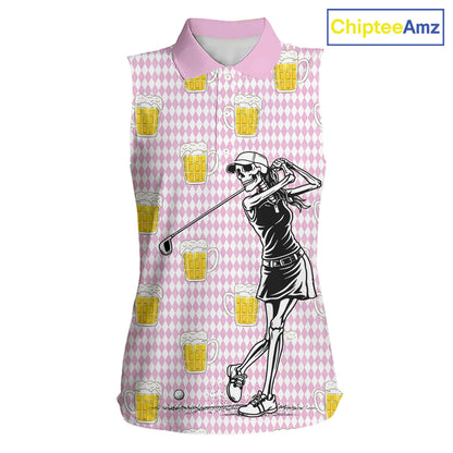 Funny Skull Womens Sleeveless Golf Polo Shirts Beer Pink Argyle Pattern Custom Name Skull Playing Golf Apparel NBT631