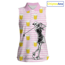 Load image into Gallery viewer, Funny Skull Womens Sleeveless Golf Polo Shirts Beer Pink Argyle Pattern Custom Name Skull Playing Golf Apparel NBT631
