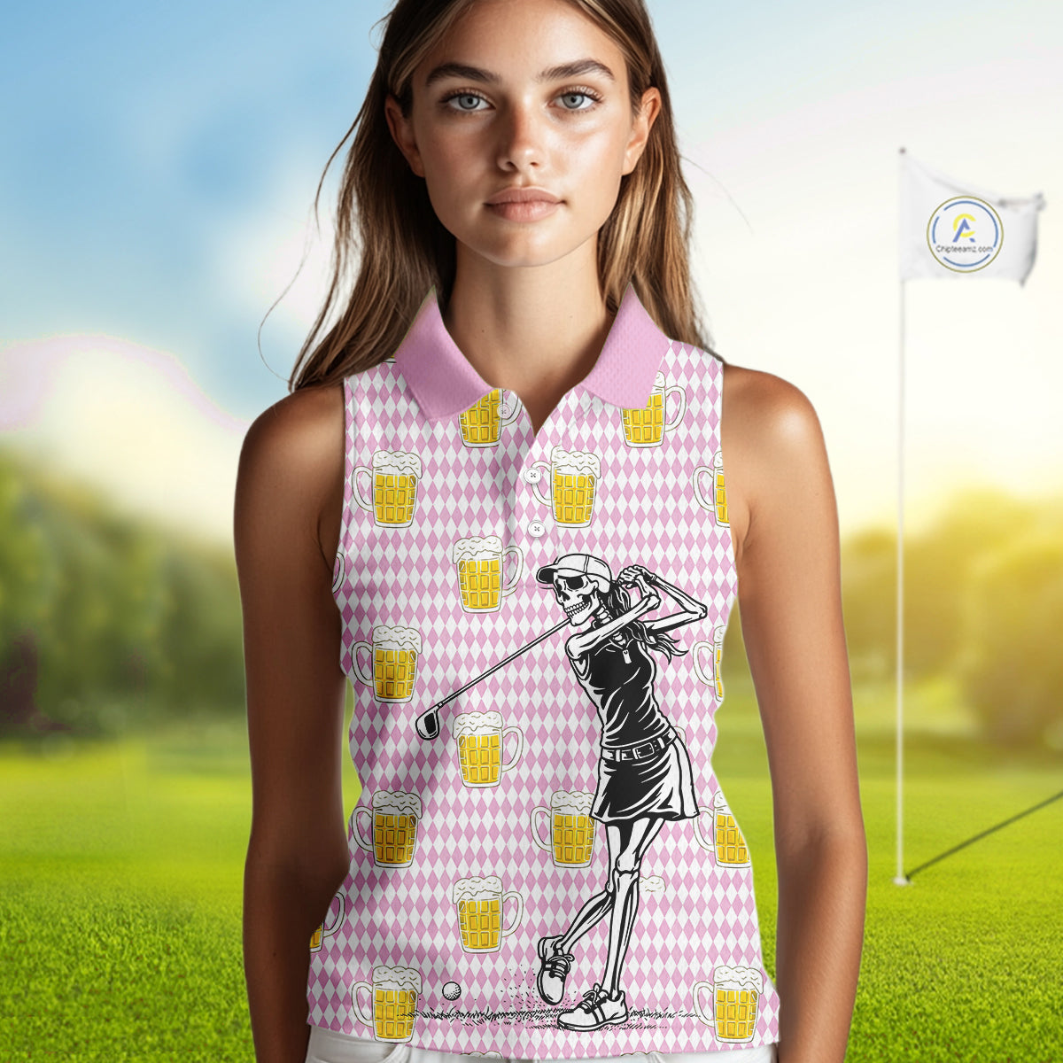 Funny Skull Womens Sleeveless Golf Polo Shirts Beer Pink Argyle Pattern Custom Name Skull Playing Golf Apparel NBT631
