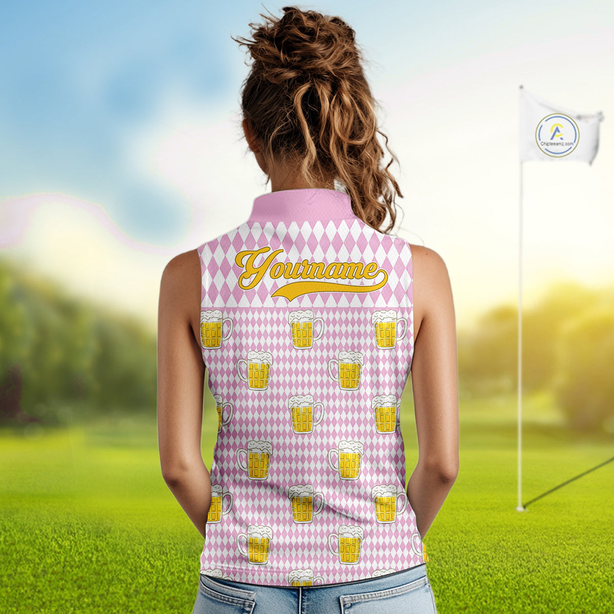 Funny Skull Womens Sleeveless Golf Polo Shirts Beer Pink Argyle Pattern Custom Name Skull Playing Golf Apparel NBT631