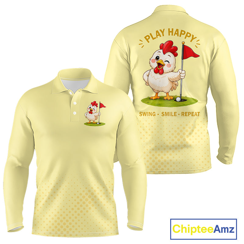 Personalized Funny Chicken Golf Polo Shirt Play Happy Swing Smile Repeat Golf Apparel For Men NHT951